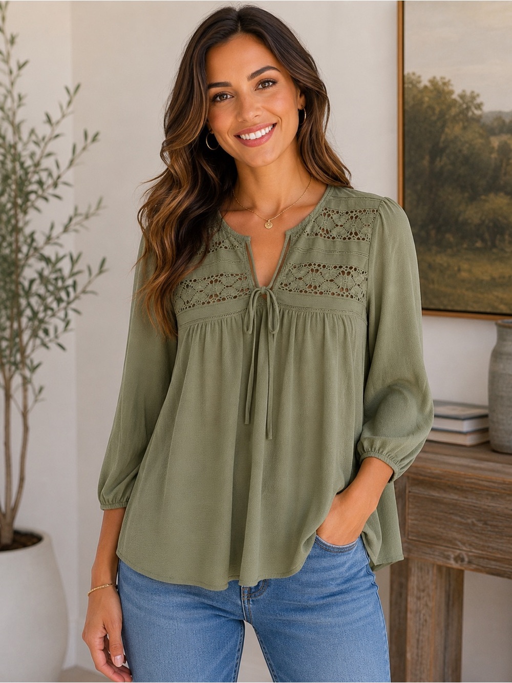 Blue Rain Lace Accent Long Sleeve Tie Neck Blouse Top - XS